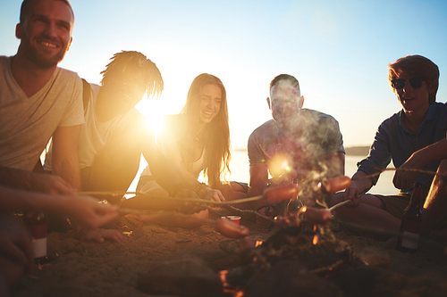 Group of cheerful campers roasting sausages on the beach
