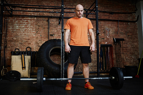 Sporty middle-aged man preparing to do barbell curls, brick wall of spacious gym on background