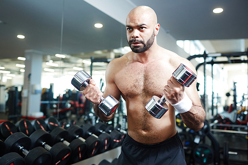Portrait of shirtless muscular man  working out with dumbbells during strength training in modern gym, looking motivated and determined