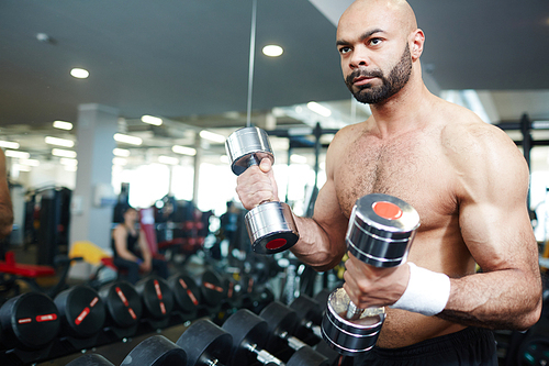 Sportive man with dumbbells having workout in gym