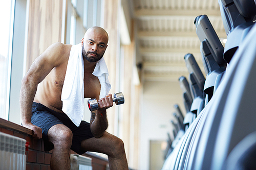 Bald young man with dumbbells working out in gym