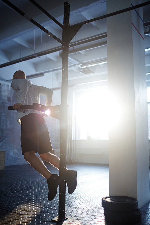 Back view of muscular man doing pull up exercises in bright sunlight