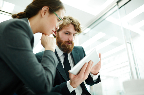 Two confident brokers discussing sales rate in the net