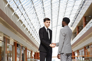 Intercultural businessmen shaking hands after negotiation