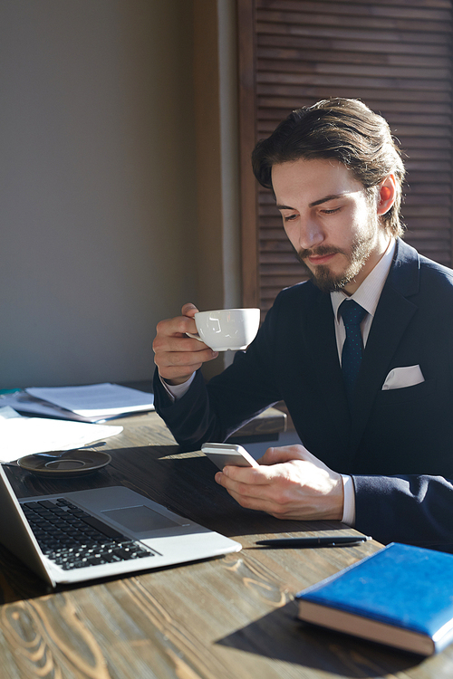 Portrait of handsome elegant businessman working with smartphone and laptop at wooden sunlit table in modern office