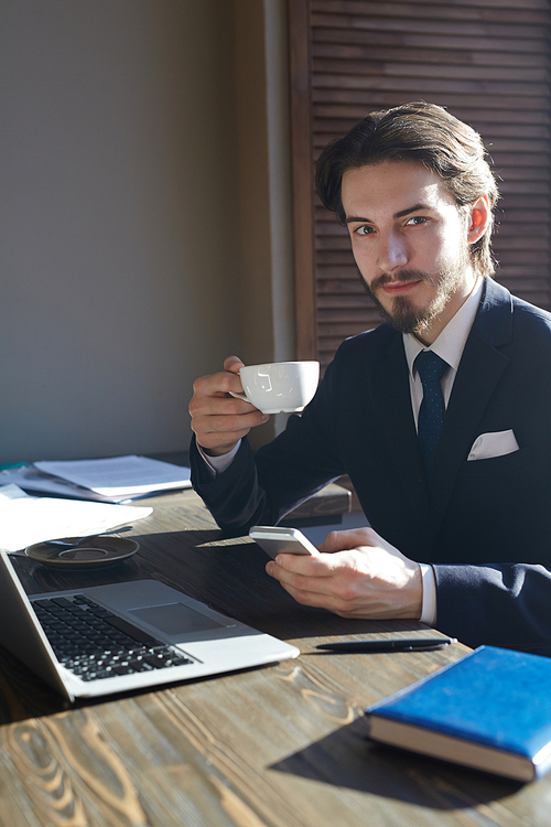 Portrait of handsome elegant businessman working with smartphone and laptop at wooden sunlit table during coffee break,  and smiling charmingly