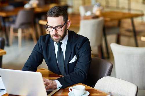 Waist-up portrait of confident financial manager preparing annual accounts with help of laptop while working at spacious restaurant