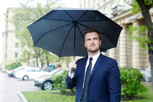Young well-dressed man standing in the street with black umbrella