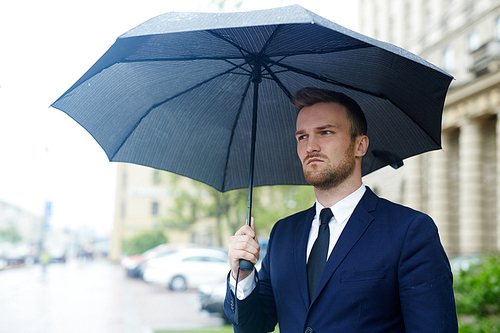 Businessman in formalwear standing under umbrella in the rain