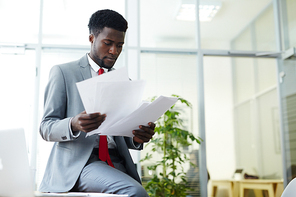 Elegant professional looking through financial papers in office