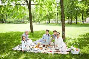 Big happy family sitting on green lawn in park and enjoying their summer weekend picnic