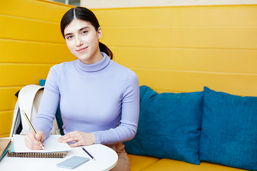 Happy student sitting on comfortable leather sofa in cafe, making notes and 