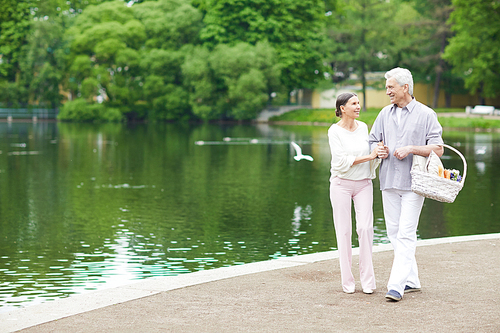 Amorous senior couple walking along waterside in park on hot summer day