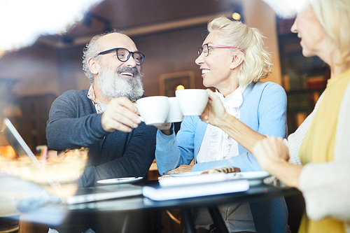 Happy seniors clinking by cups of tea over table while having nice time in cafe