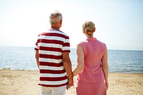 Rear view of aged couple looking at seaside while standing on sandy beach and holding by hands