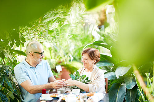 Senior man putting ring on finger of his wife by romantic dinner in orangery or home garden among green plants