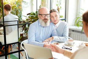 Contemporary seniors having talk with insurance agent during presentation of new terms of service making