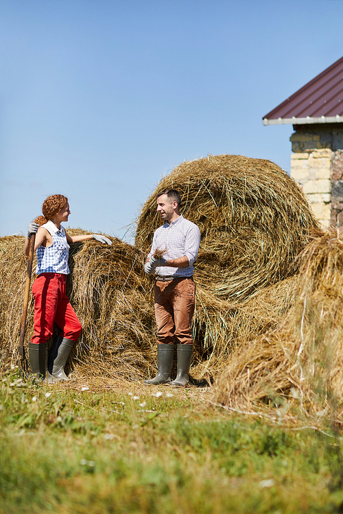 Young contemporary farmers with worktools standing by hay stack and discussing work