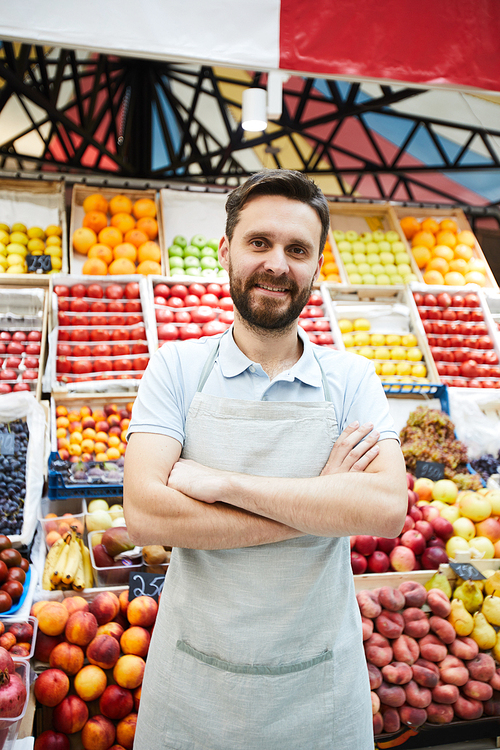 Content handsome young grocery retailer with beard wearing apron standing against fresh food shelves and smiling at camera while crossing arms on chest