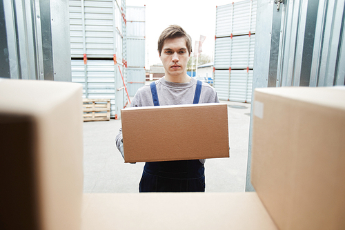 Serious handsome young manual worker putting box in container while loading goods before shipping