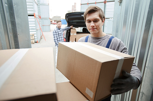 Smiling positive handsome young manual worker assisting client to loading car and carrying boxes from container
