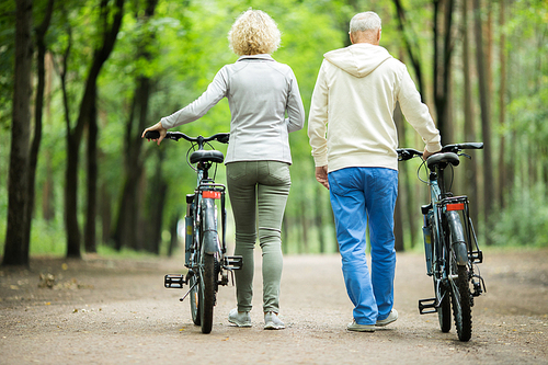 Rear view of tired cyclists walking down forest road with their bicycles on summer day