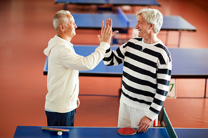 Aged successful tennis players making high five gesture before or after game