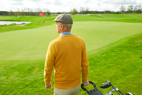 Back view of casual senior man pulling sportive bag with golf clubs while moving down green field to play golf