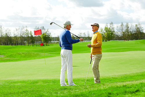 Two mature men in casualwear discussing news or plans while standing on green play field