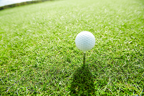 Golf ball on tee making shade on green play field on summer weekend