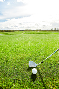 Golf club and ball on green play field during game in natural environment