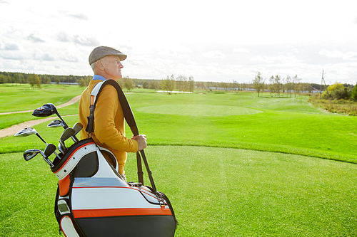 Contemporary golfer with bunch of clubs in bag moving on vast green field