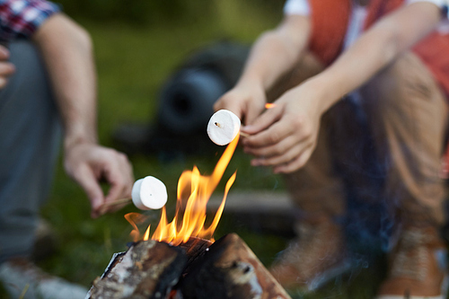 Contemporary backpackers frying pieces of marshmellow over campfire for dessert