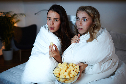 Two young females wrapped in blanket sitting on bed and watching thriller movie at night