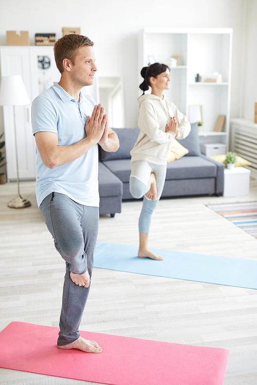 Young couple in activewear standing on one leg on mats while practicing yoga exercise at home