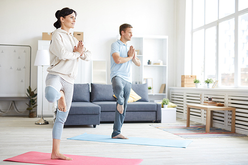 Young sporty couple standing on mats and practicing yoga exercise at home