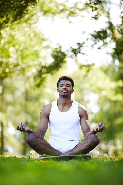 Serious concentrated young black man with crossed legs keeping eyes closed and holding hands in mudra while meditating in summer park