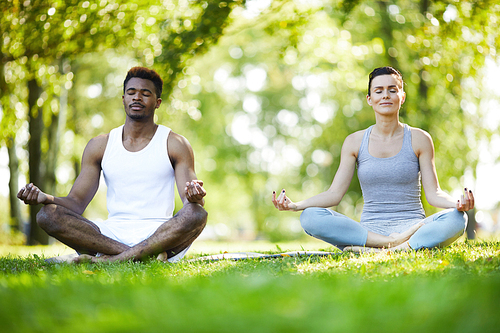 Calm spiritual young multi-ethnic couple in tshirts sitting with crossed legs and keeping hands in mudra while doing yoga in park