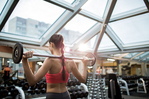 Back view of young female with barbell on her shoulders exercising in cross training club