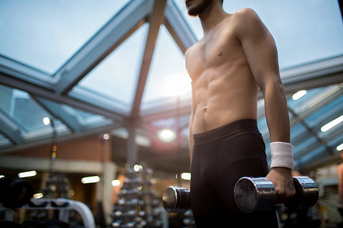 Young muscular athlete doing exercises with heavy dumbbells while training his arms in gym