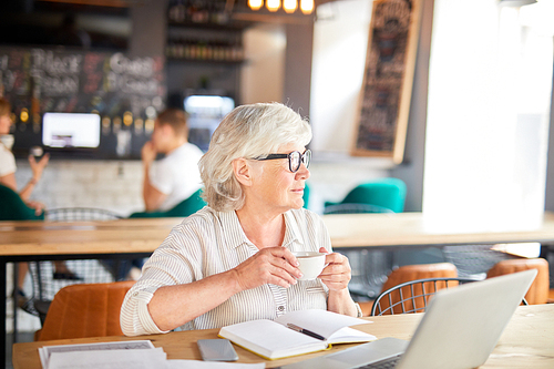 Senior female with cup of tea or coffee sitting by table in cafe in front of laptop and looking through window