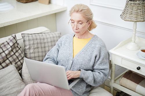 Serious aged woman sitting on sofa with laptop on her knees and concentrating on networking