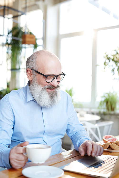 Senior man in eyeglasses sitting in cafe, having tea and browsing in the net