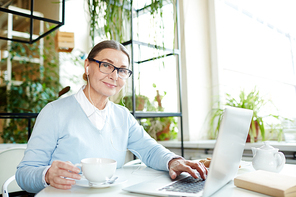 Modern mature woman with earphones sitting in cafe in front of laptop, having tea and searching in the net or chatting online