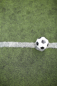 View of leather soccer ball on white line dividing field for play in two parts