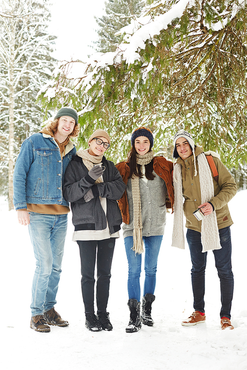 Full length portrait of group of happy young people posing in winter resort standing under fir tree in beautiful snowy forest