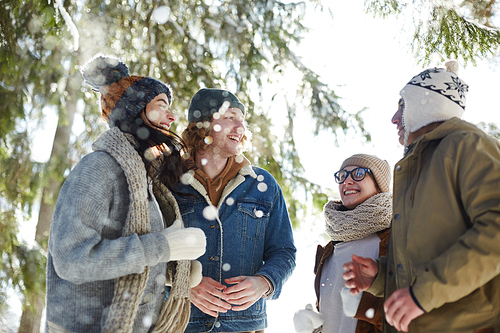 Group of carefree  young people enjoying walk in beautiful winter forest lit by sunlight on  vacation