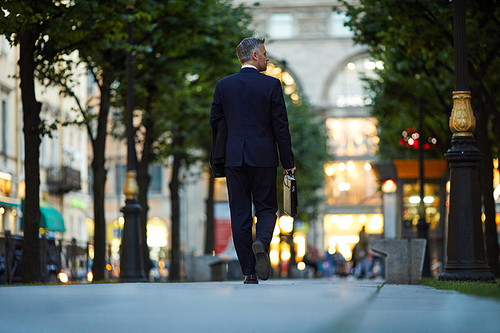 Back view of elegant man in suit with briefcase and coat walking down central street
