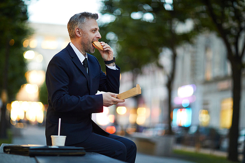 Hungry businessman in formalwear eating sandwich while sitting on bench in park
