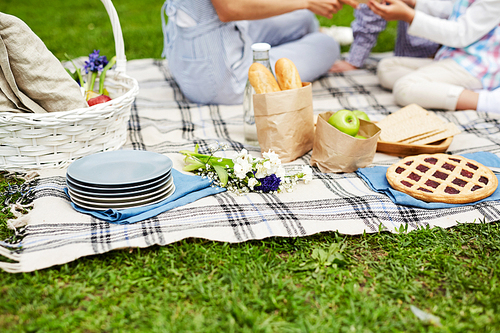 Stack of plates, bunch of wildflowers, cherry pie, fresh and crispbread, apples and busket with provisions on tablecloth on grass on background of family enjoying picnic